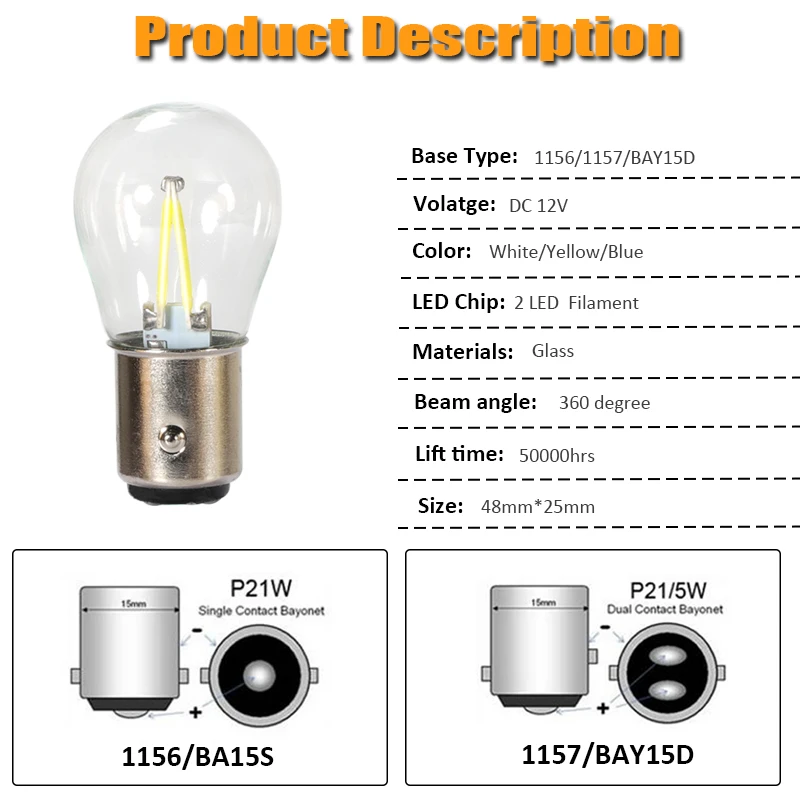 P21W Ba15s 1156 Led 1157 bulb socket Filament Chip Car Light Bulb S25 Led 12v 24v Bay15d lamp for turn signal light