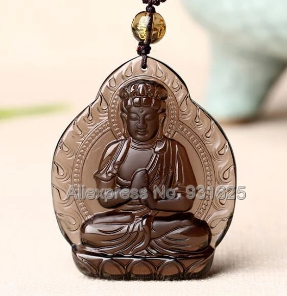 Natural Ice Clear Obsidian Carved Chinese Buddhism Fire Buddha Kwan-Yin Lucky Amulet Pendant + Black Beads Necklace Jewelry