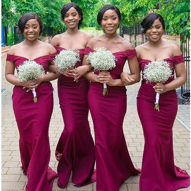 Off Shoulder Elegant Burgundy Bridesmaid Dresses Mermaid Style Appliques Long Stretch Satin Women Party Gowns Robe De Soiree AliExpress