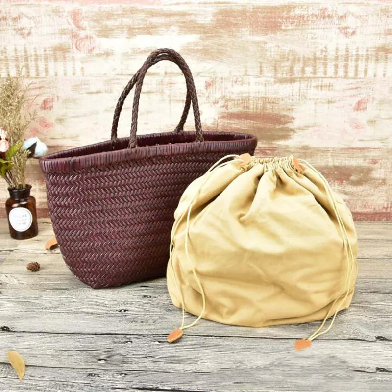 Women Leather Weave Handbag Feminine Handmade Woven Bucket Bag With Cotton Pockets Casual Knitting Split Leather Compartment Bag