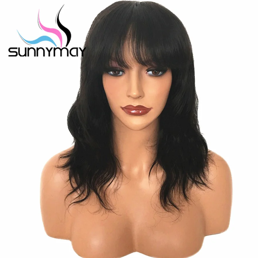 

Sunnymay 13x4 Short Glueless Lace Front Human Hair Wigs With Bangs Remy Hair Wig Wavy 130% Pre Plucked Brazilian Lace Front Wigs