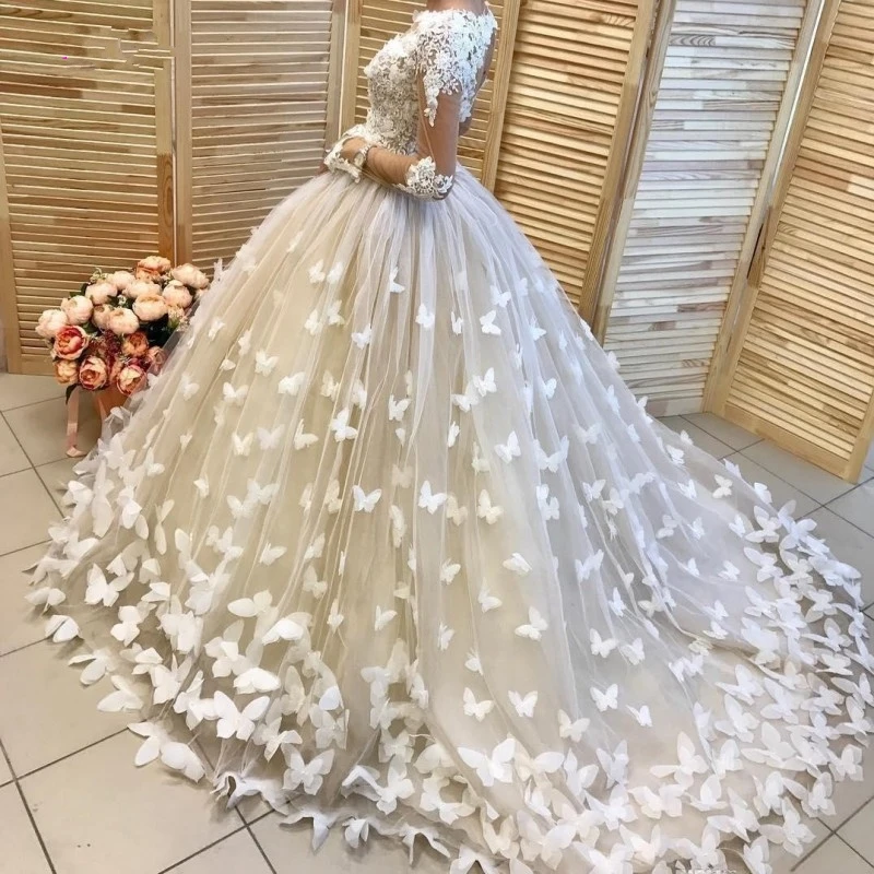 New Appliques Butterfly Puffy Bridal Gowns Arabic Dubai Wedding Dresse Long Sleeves vestido de noiva robe de mairage