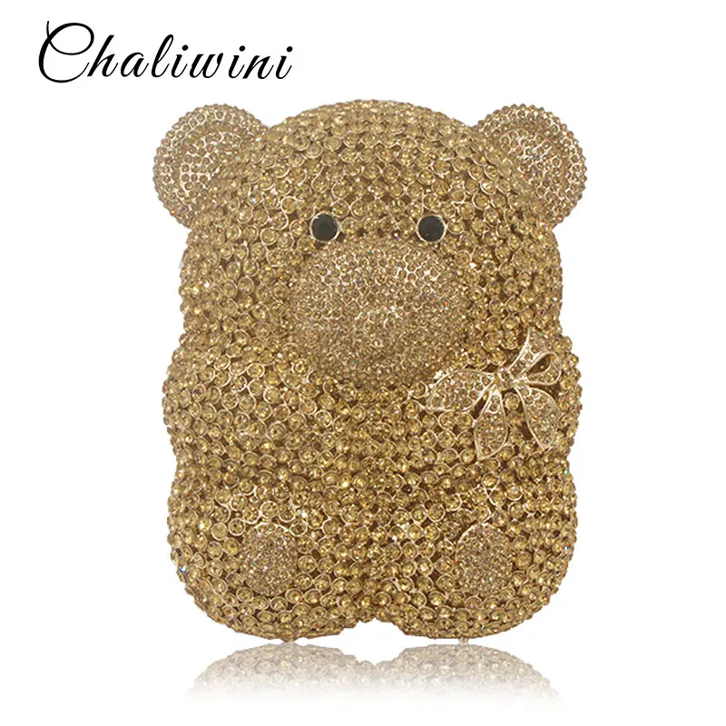 

Women Cartoon Cute Bear Hollow Out Gold Crystal Evening Bags Metal Hard Case Clutches Rhinestones Gift Box Handbag Clutch Purse