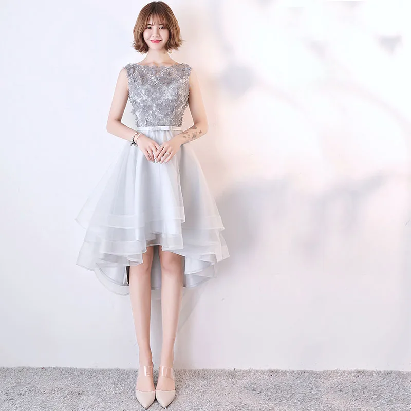 Lovely Silver High Low Prom Dresses Scoop Neck 3D Lace Flowers 2019 New Formal Party Dresses Short Front Long Back Prom Gowns