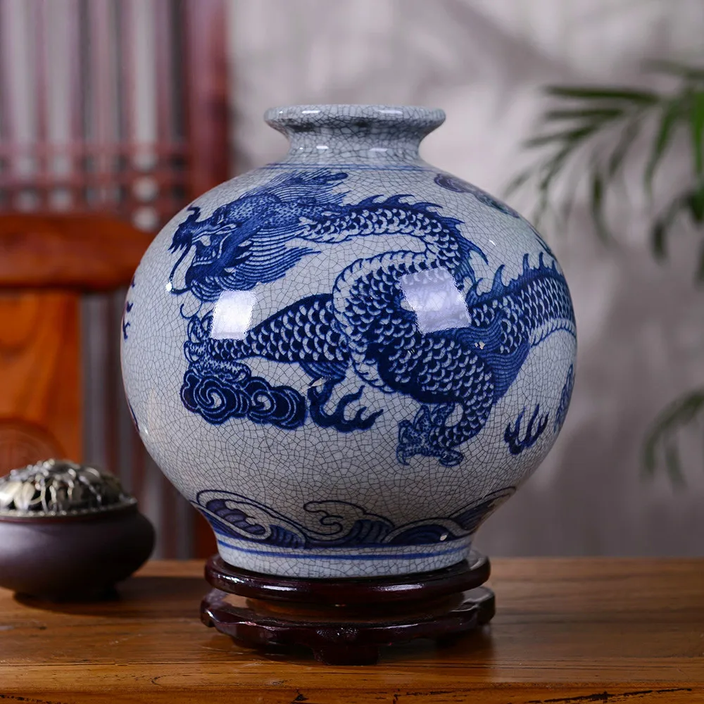 

Antique Jingdezhen Chinese Ceramic Vase Crackle Glaze Blue Dragon Porcelain Vase Flower Receptacle Gift