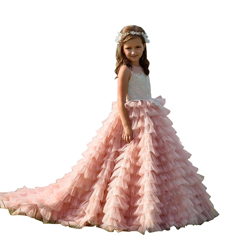 

Long Trailing Pink Layered Flower Girl Dress For Wedding Tulle Lace Appliques Kids Ball Gown 2019 Pageant Dresses For Girls