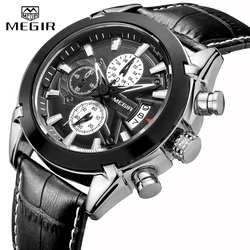 MEGIR Genuine Black Genuine Leather Watches Men Luxury Brand Quartz  Watch racing men Students Game Run Chronograph Wristwatches