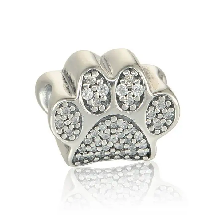 New Pave Paw Prints Beads With Clear CZ Autumn Animal Footprints Charm 925 Sterling Silver Suitable for Pandora Charm Bracelets