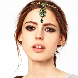 Pageant Bride Hair Pin Green Crystal Women Head Chain Rhinestone Wedding Headpiece Indian Forehead Hair Jewelry For Party