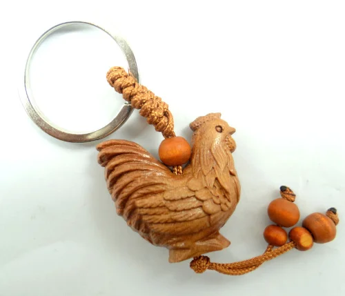 Natural mahogany three-dimensional engraving Chicken keychain Buddha key ring jewelry gift for men and women 1pc