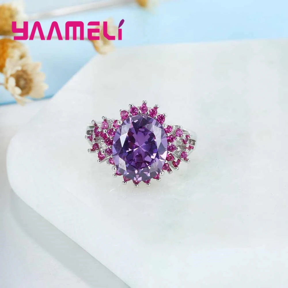 Luxury Fashion Purple Flower Crystal Stone Ring Party Engagement Wedding Ceremony Jewelry For Women 925 Sterling Silver