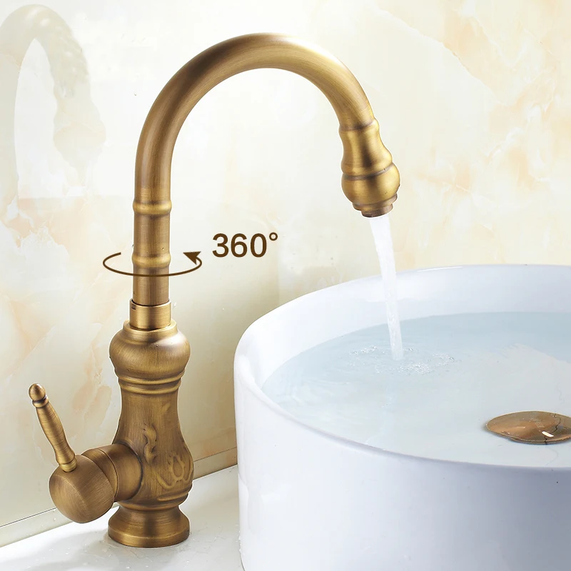 Antique brass bathroom basin faucet+tube hot and cold mixer water tap, 360 Rotated kitchen single hole dish basin faucet Whosale