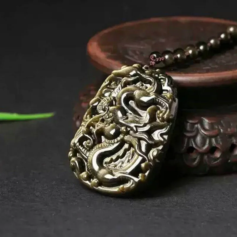 KYSZDL Natural Gold Obsidian Carving Dragons Pendant Necklace Men And Women Zodiac Sweater Chain Jewelry Gifts