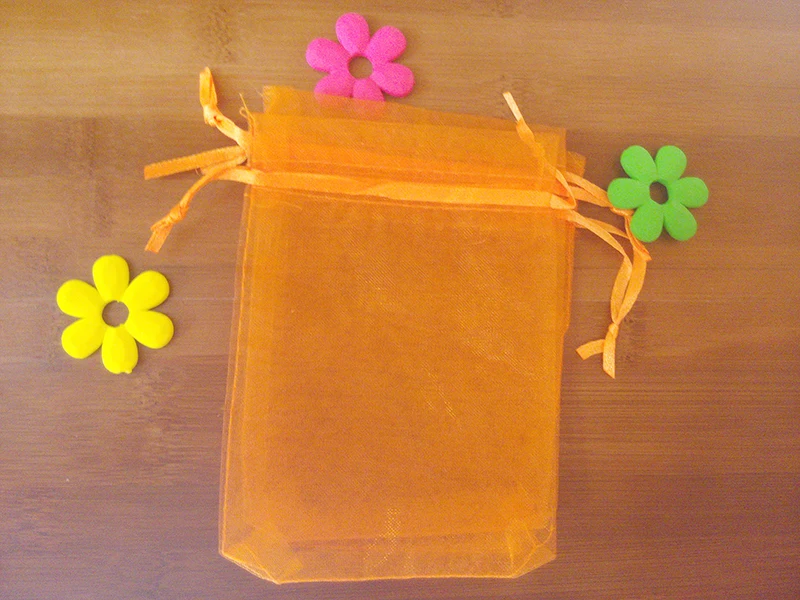 100 Uds. De bolsa de regalo de Organza naranja de 7x9cm, embalaje de joyería, bolsas de exhibición, bolsa con cordón para pulsera/Collar, Mini bolsa de hilo