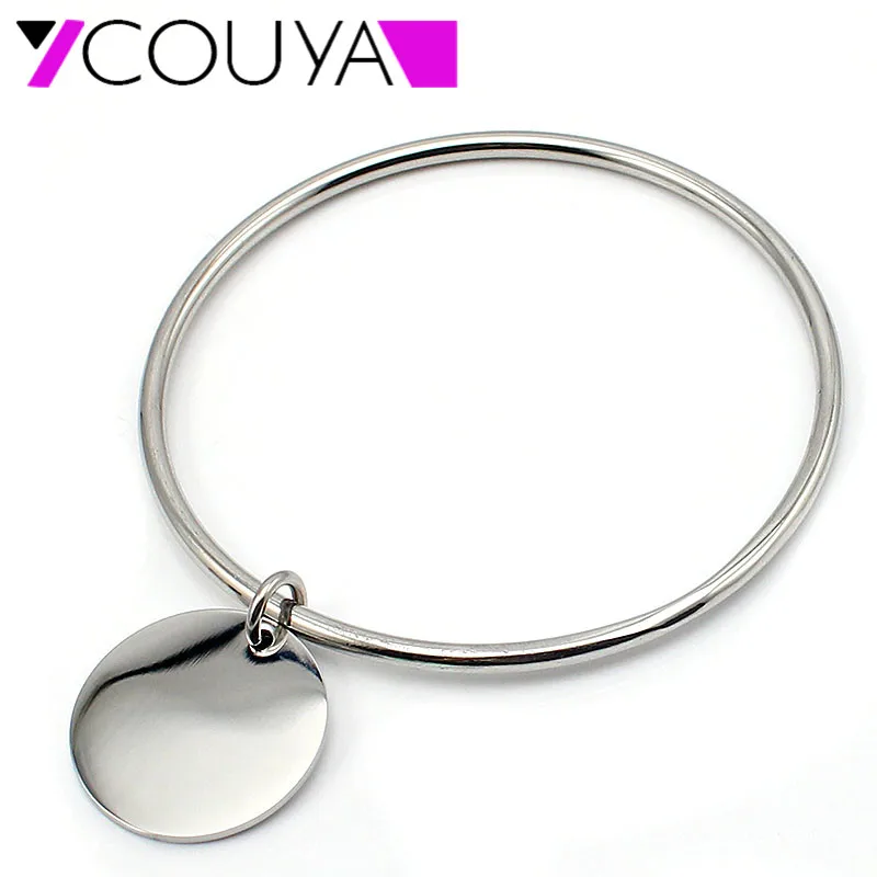 Hot Sale Stainless Steel Round Bangle Bracelets with Shiny Round Plain Charm for Women Fashion Jewelry