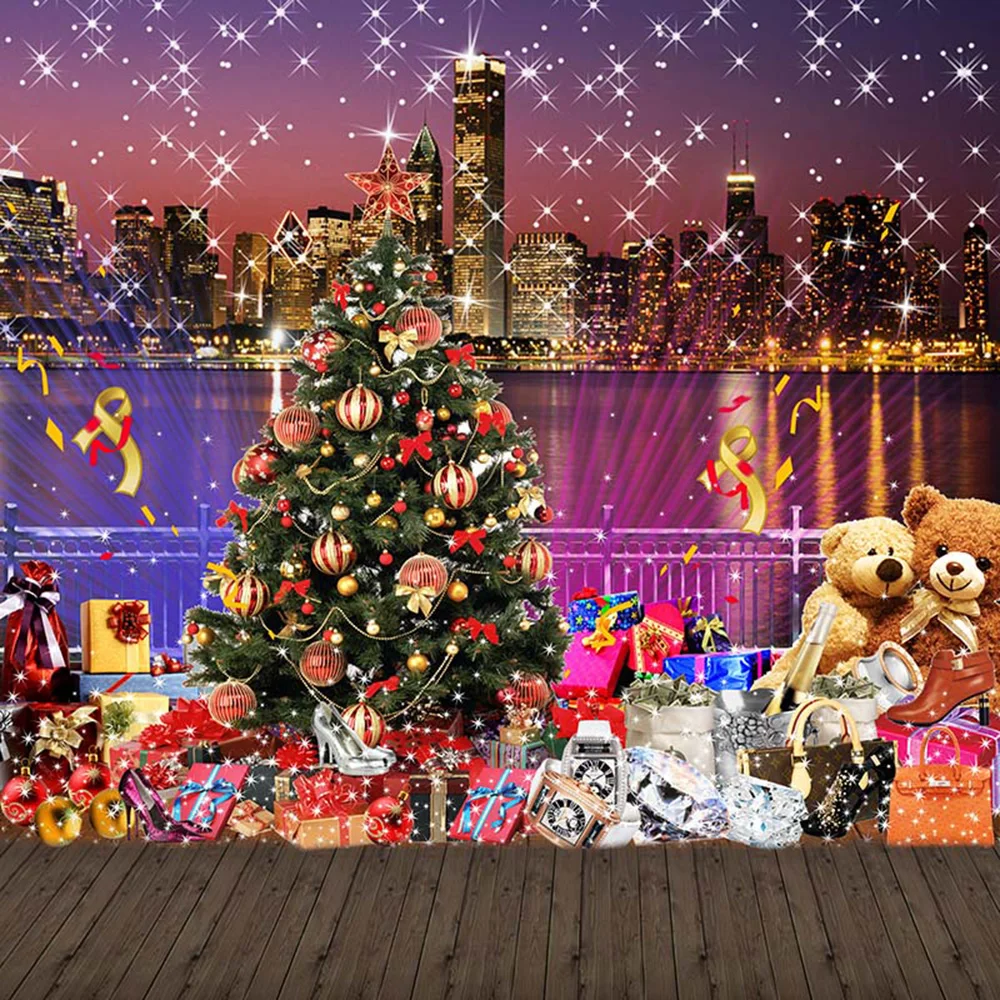 

Merry Christmas Backdrop Wooden Floor Printed Xmas Tree with Balls Gift Boxes Sparkles Night City View Photo Shoot Backgrounds