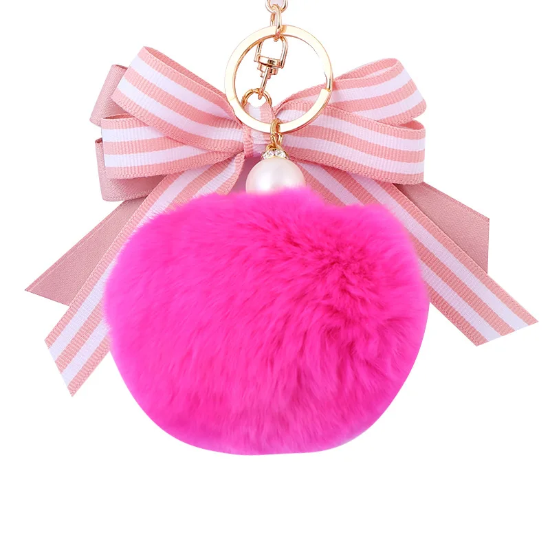 Cute Striped Bow Fur keychain Pearl Pompom Fake Fur Ball Key Chain Fluffy Pompon Keyring Bag Charms Key Ring Llaveros Chaveiros