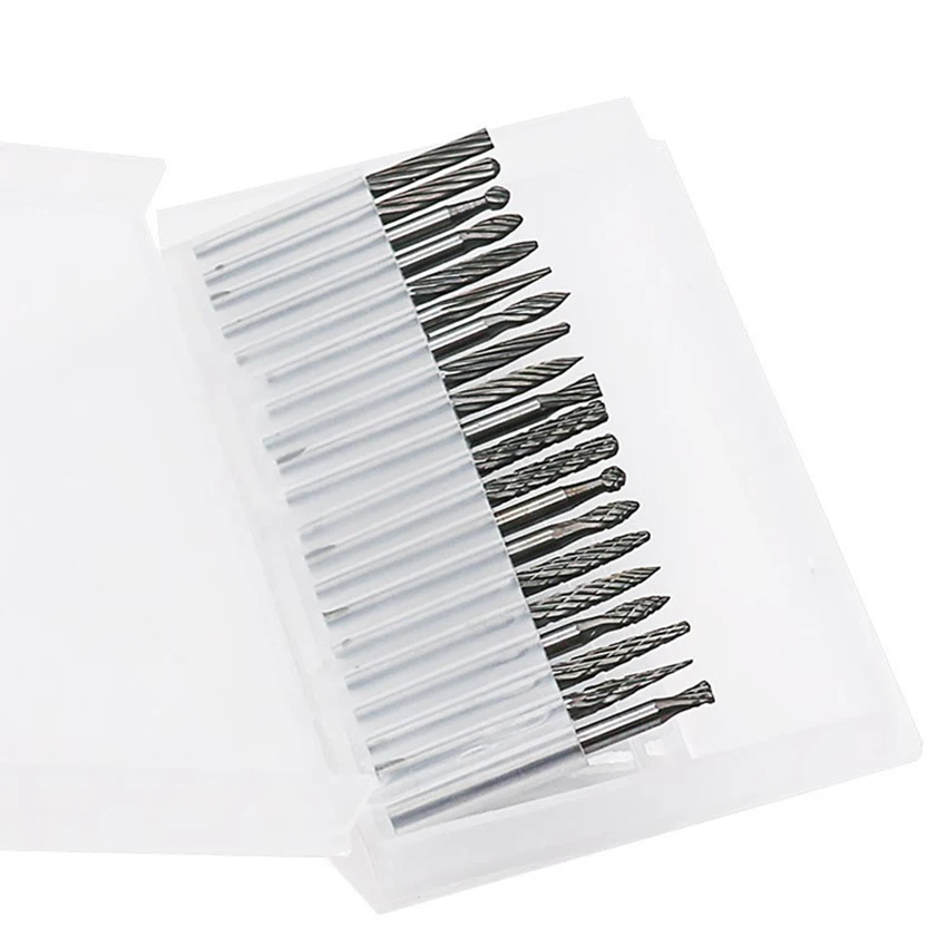 Tungstênio Aço Carboneto Rotary Arquivos, Fresa, Moedor Wind-Mill Acessórios, 3mm Handle, Rebarbação, Moagem Bit, 20pcs por conjunto