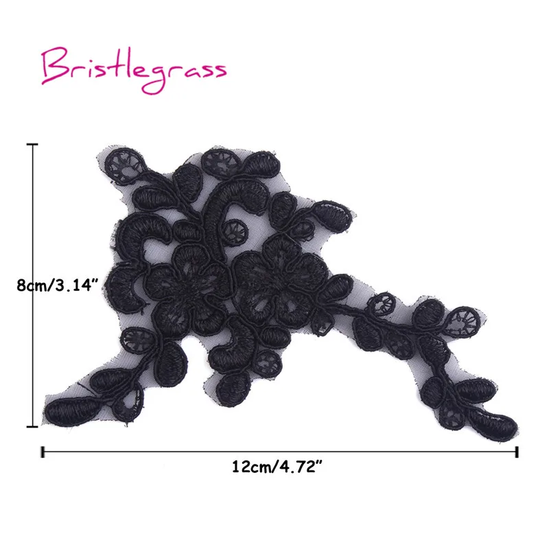 BRISTLEGRASS 5 PCS Black Embroidered Flower Applique Patches Tulle Mesh Lace Trims Bridal Wedding Dress Costume DIY Sewing Carft