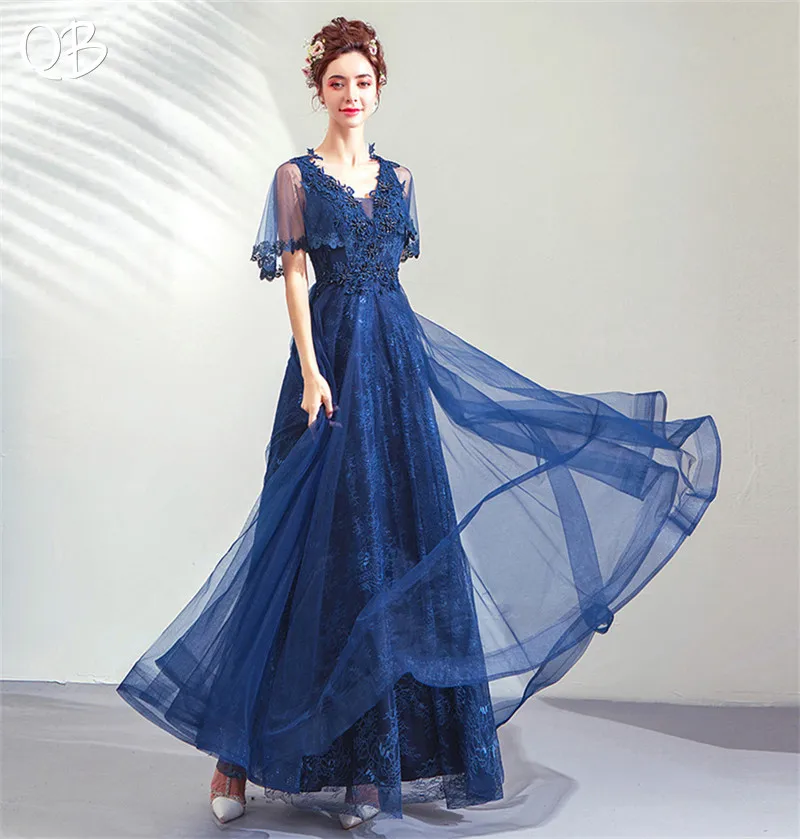 Navy Blue A-line V-neck Tulle Lace Beading Luxury Formal Evening Dresses 2020 New Fashion Bride Party Prom Dress XK211