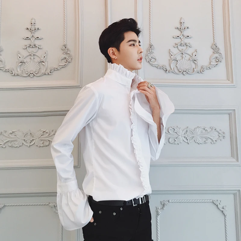 

Free shipping white/black stand ruffled collar flare sleeve prince stage mens tuxedo shirts party/event shirts/Asia size