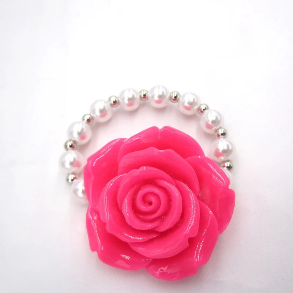 NEW Baby Girls Resin Fucsia Flower Bracelets Bangle Little Girl 8mm Pearl Bracelet Toddler Elastic Bracelet Gifts For Child