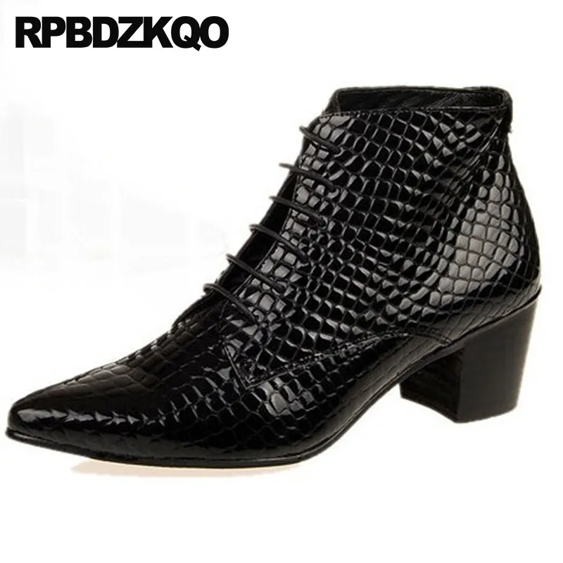 

High Top Snakeskin Shoes Wedding Pointed Toe Patent Leather Oxford Dress Crocodile Booties Lace Up Mens Heel Boots Chunky Black