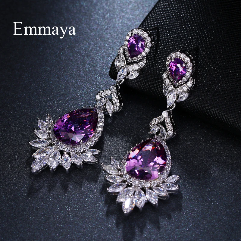 Emmaya Brand Sliver Color Water Drop Shape Purple Zircon Crystal Pendant Stud Earrings For Women Bridal Wedding Jewelry