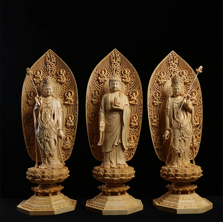 Eastern Bodhisattva Statues, Exquisite Solid Wood Buddha Statue, Representing the Trio of Gods - Authentic Buddhist Folk