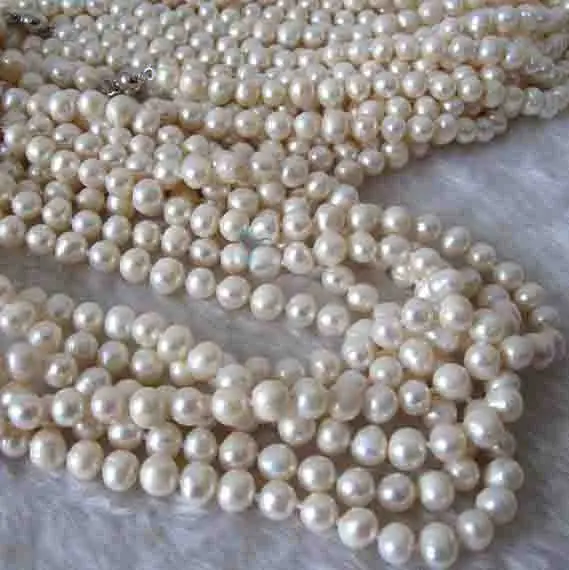 

5 Strands 64'' 7-8mm White color Freshwater Pearl Necklace Earrings No Clasp Beautiful Necklace Wholesale New Free Shipping