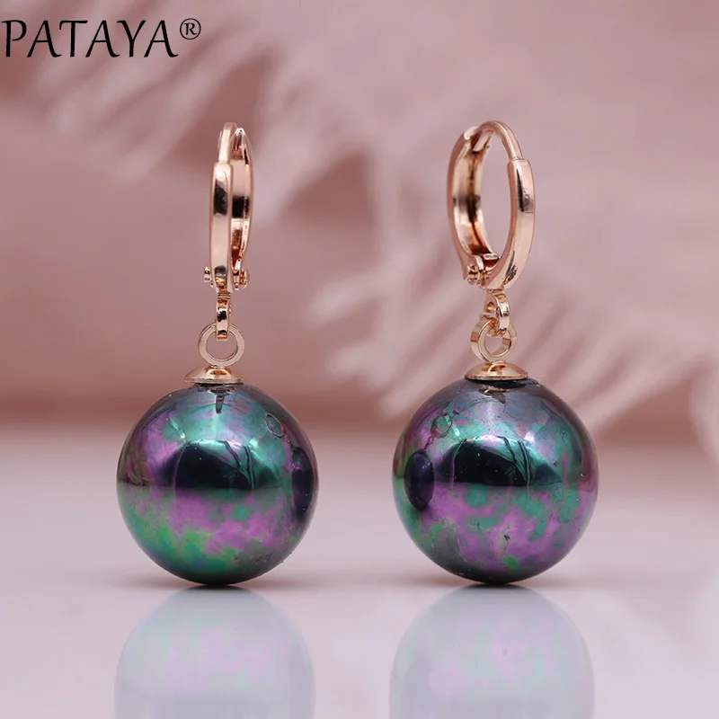 PATAYA New Round Shell Pearls Long Dangle Earrings 585 Rose Gold Color Wedding Earring Women Simple Unique Fine Fashion Jewelry