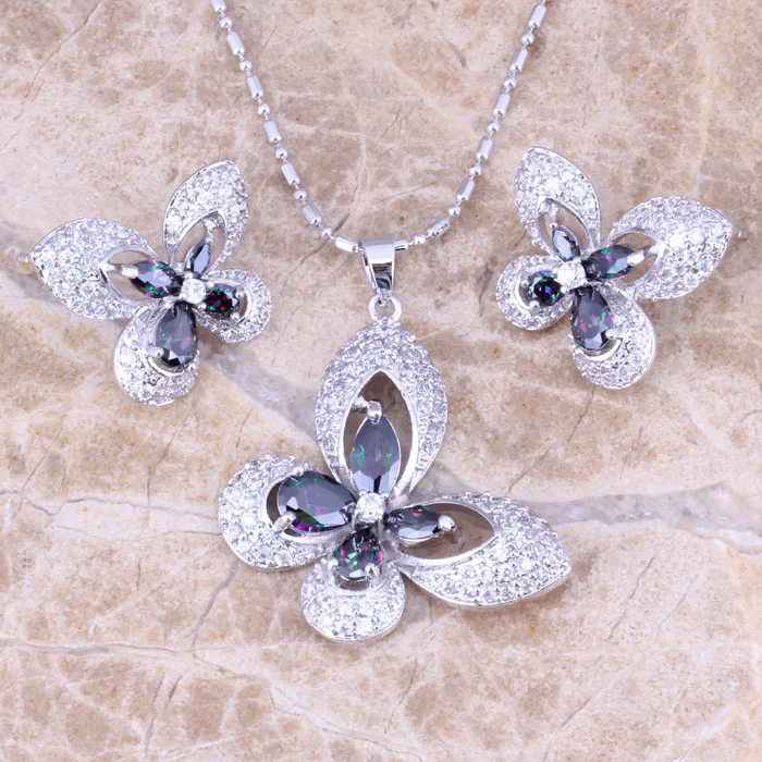 Attractive Butterfly Rainbow Cubic Zirconia White CZ Silver Plated Earrings Pendant Necklace Fashion Jewelry Sets S0732