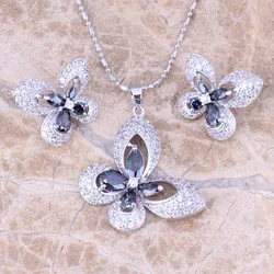 Attractive Butterfly Rainbow Cubic Zirconia White CZ Silver Plated Earrings Pendant Necklace Fashion Jewelry Sets S0732
