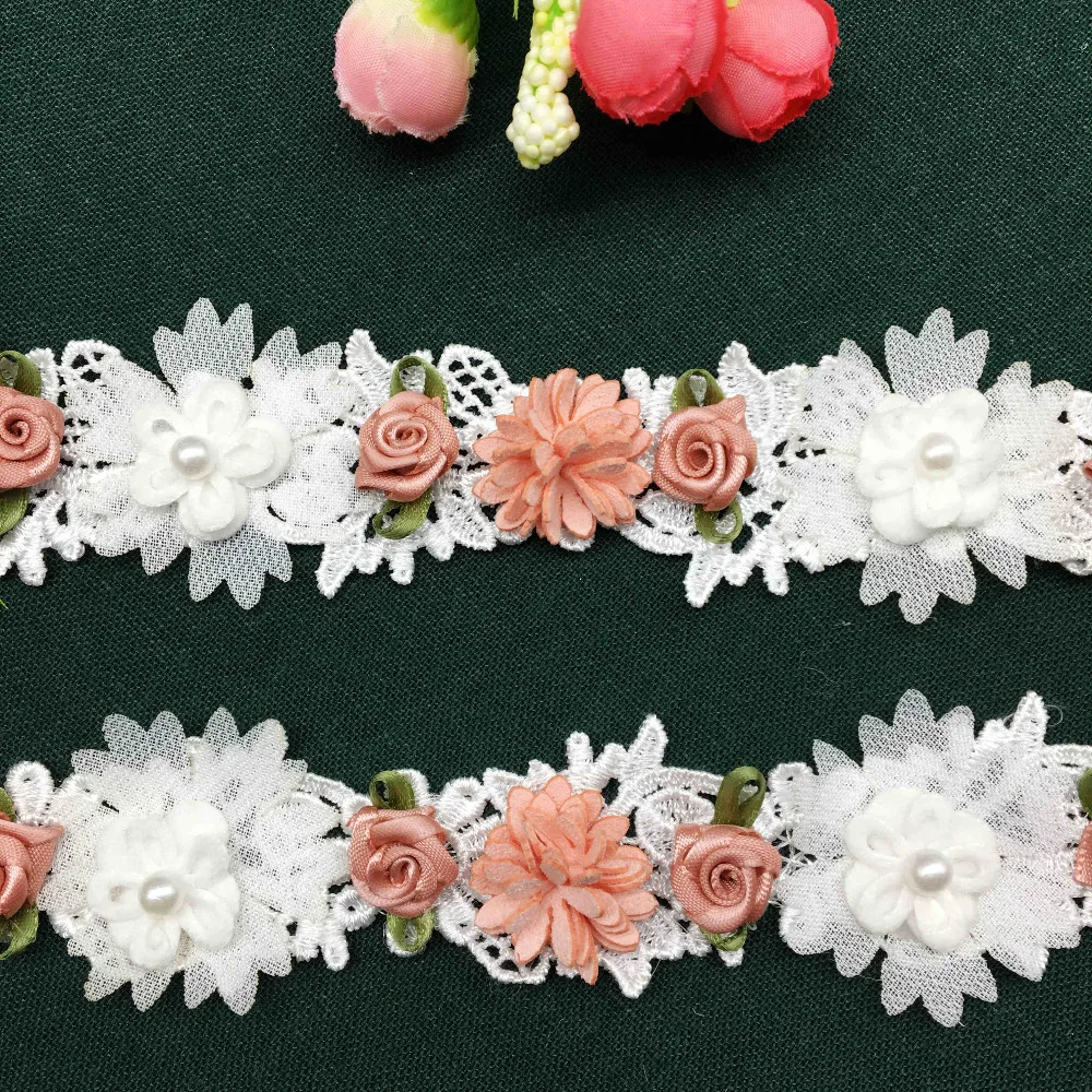 

2yard Soluble White and Pink Pearl Rose Flower Lace Fabric Trim Ribbon Sewing Craft Embroidered For Costume Hat Shoes Decoration