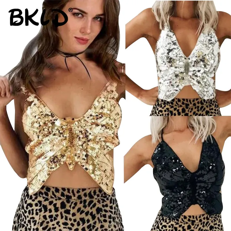 

BKLD Halter Crop Top Lace Up Backless 2024 New Summer Clothes For Women Beach Party Bralette Cropped Sexy Sequin Women Tank Top