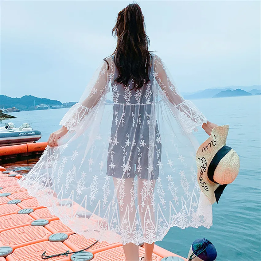 Summer Loose Women Thin Lace Cardigan Blouses Midi Long Lady Sun Protection Clothing Sexy beach Hollow Out Shirts Blusas WZ829