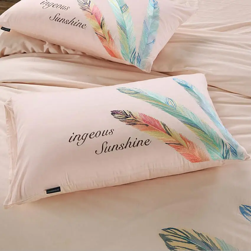 Oriental Feather Embroidery Bedding Sets Queen King Size 4pcs Boho Duvet Cover Bed Sheet Pillowcase Set Cotton Home Decoration