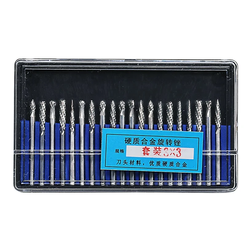 10 Uds 20 piezas 3mm 6mm vástago carburo de tungsteno fresa archivo rebaba traje escariador herramientas juego de corte para Dremel