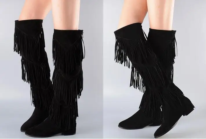 2017 New Arrival Autumn Winter Boots Women Black Dark Gray Knee High Boots Three Layers Fringe Boots Fashion Flat Heels Shoes