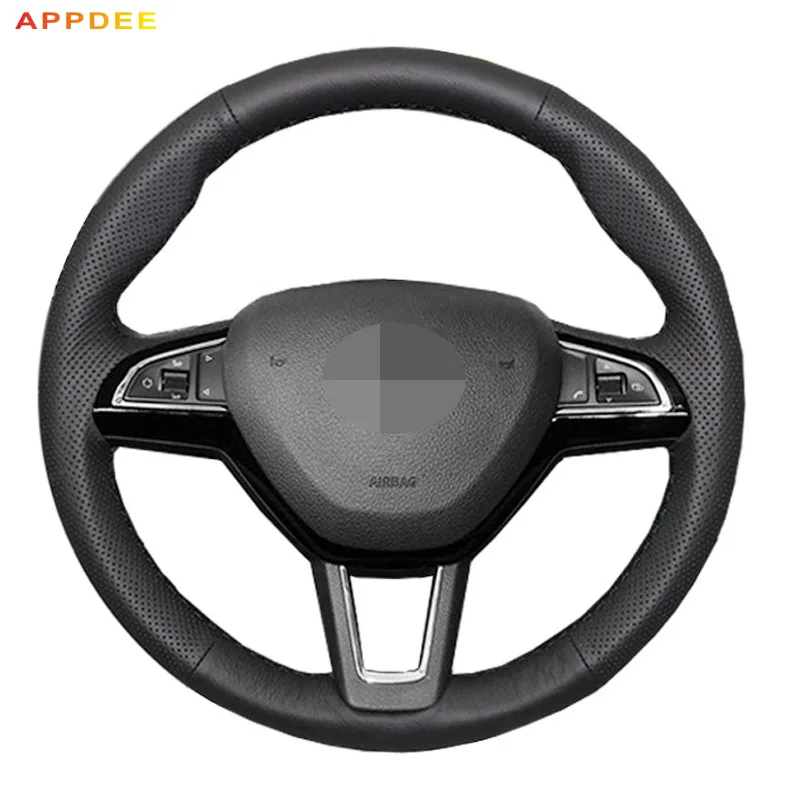 Black Artificial Leather Car Steering Wheel Cover for Skoda Octavia 2017 Fabia 2016 2017 Rapid Spaceback 2016 Superb (3-Spoke)