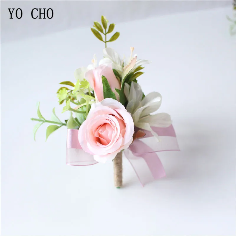 YO CHO Corpetto di Nozze Lo Sposo Boutonniere Artificiale di Seta della Rosa Polso Bouquet di Fiori Del Braccialetto Da Sposa Prom Riunione di Partito Decor