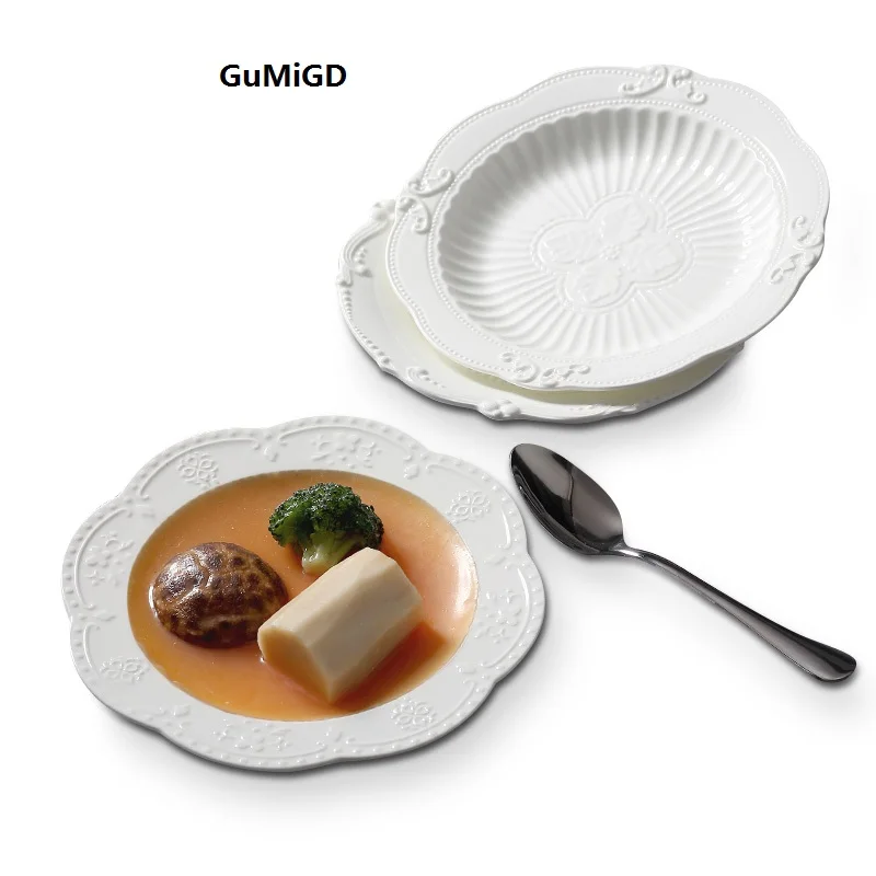 

guci European creative ceramic tableware salad soup plate embossed white plate embossed carved 8 inch Western-style food steak