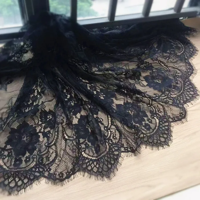 3Meter/Lot Eyelashes Lace Trim Flower off white Black Lace Fabric Diy Clothes Accessories 70cm Wide