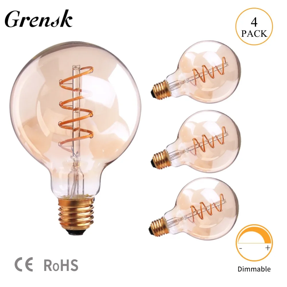 Grensk Filament Lamp Dimmable Spiral Edison G95 3W Amber Globe Glass Led Bulb 2200k E26 110V E27 220V Gold Decorative Light Bulb