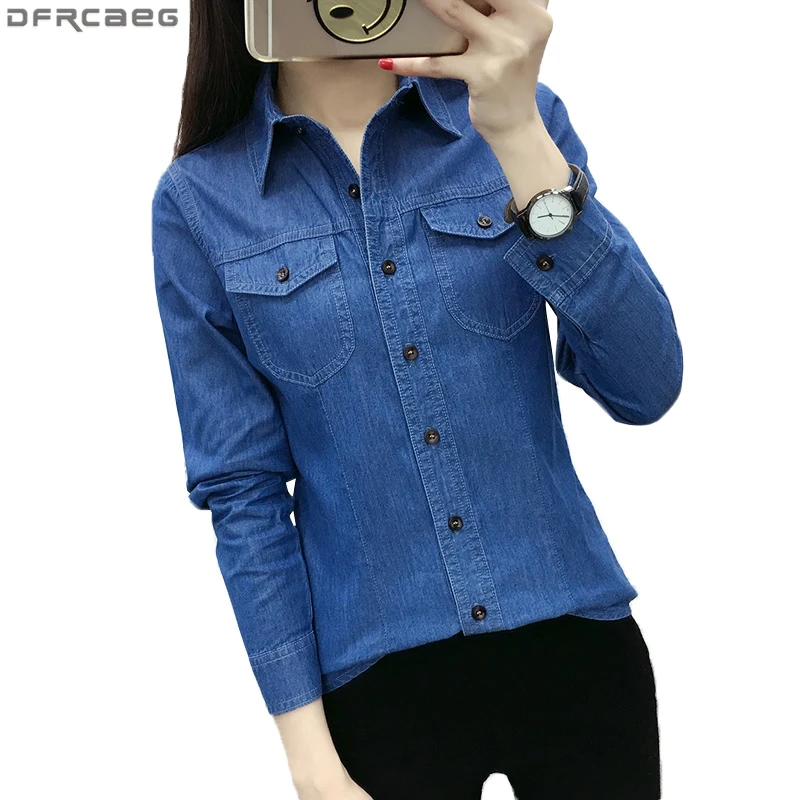 Autumn Long Sleeve Denim Shirts Women Casual Streetwear Pockets Button Up Slim Ladies Tops Cotton Vintage Jean Blouses Sky Blue