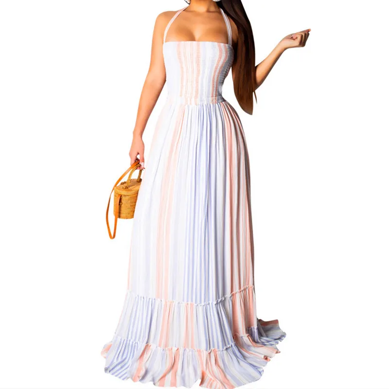 2019 Beach Boho Sexy Women Halter Sleeveless Open Back Colorful Stripes Ruffles Hem Maxi Dress Floor Length Pleated Long Dresse