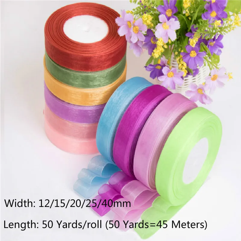 50 Yards/Roll 12/15/20/25/40mm Organza Chiffon Ribbons for Wedding Christmas Party Decor DIY Bow Craft Ribbon Card Gift Wrapping