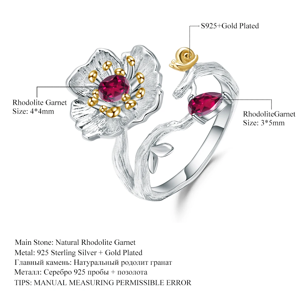 GEM\'S BALLET  Natural Rhodolite Garnet Ring 925 Sterling Silver Handmade Blooming Poppies Flower Rings for Women Fine Jewelry