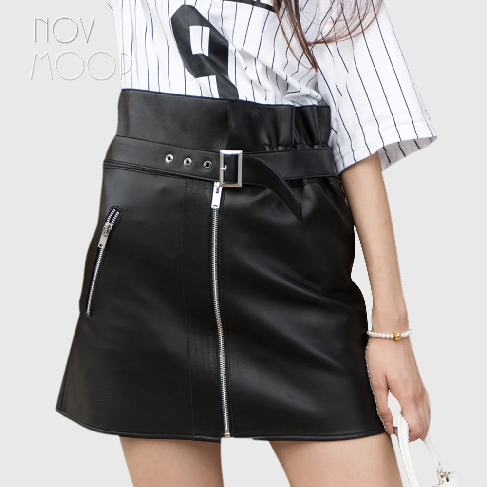 American style women black genuine leather skirt high waist sheepskin mini A-Line skirt belt design faldas jupe saia etek LT1565