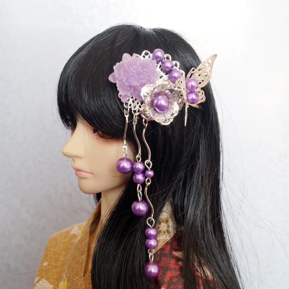 

BJD Purple Butterfly Silver Chinese Style Hairpin OOAK For Female 1/4 17" 1/3 24" Tall SD MSD DK DZ AOD DD Doll